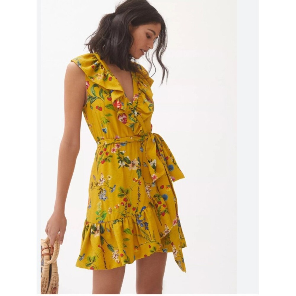 Maeve Dress Womens Medium Yellow Floral Wrap Ruffle Sleeveless Mini Sundress